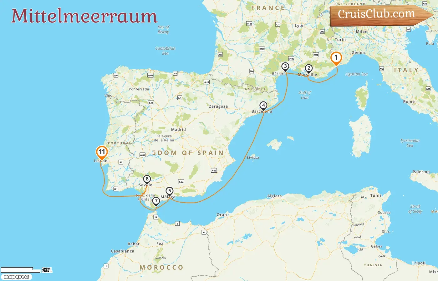 Kreuzfahrt im Mittelmeer von Nizza nach Lissabon an Bord des Schiffes Silver Shadow mit Besuchen in Frankreich, Spanien und Gibraltar für 11 Tage