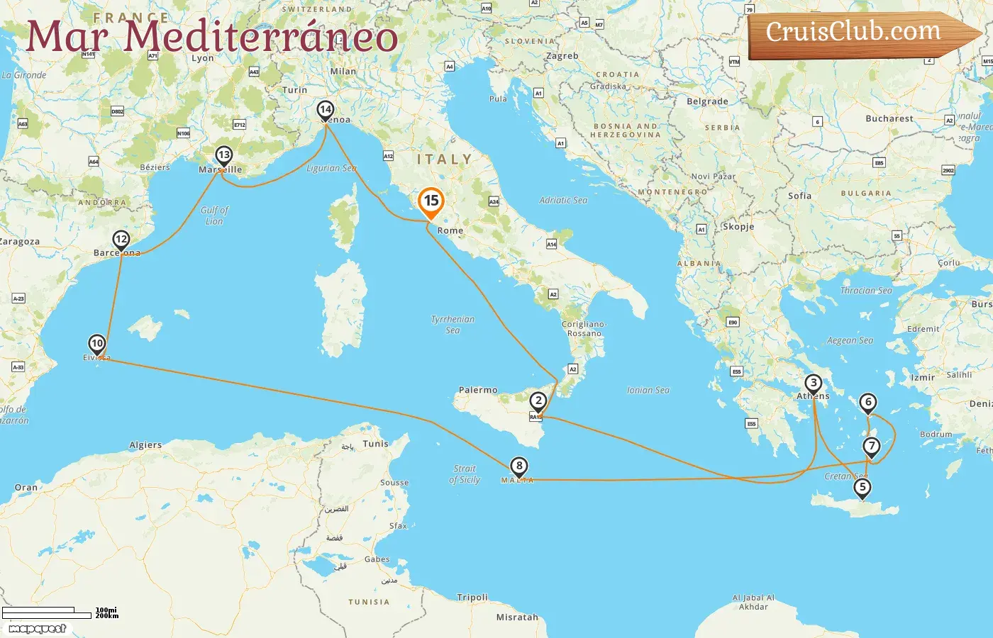 Crucero por el Mediterráneo desde Civitavecchia a bordo del barco Costa Fascinosa con visitas a Italia, Grecia, Malta, España y Francia durante 15 días