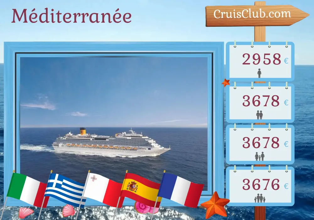 Croisière en Méditerranée au départ de Civitavecchia à bord du navire Costa Fascinosa avec des visites en Italie, Grèce, Malte, Espagne et France pendant 15 jours
