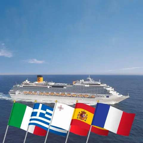 Kreuzfahrt im Mittelmeer ab Civitavecchia mit dem Schiff Costa Fascinosa mit Besuchen in Italien, Griechenland, Malta, Spanien und Frankreich für 15 Tage
