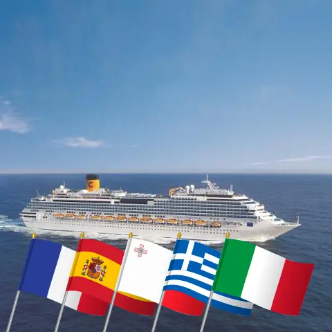 Kreuzfahrt im Mittelmeer von Marseille an Bord des Schiffes Costa Fascinosa mit Besuchen in Frankreich, Spanien, Malta, Griechenland und Italien für 17 Tage