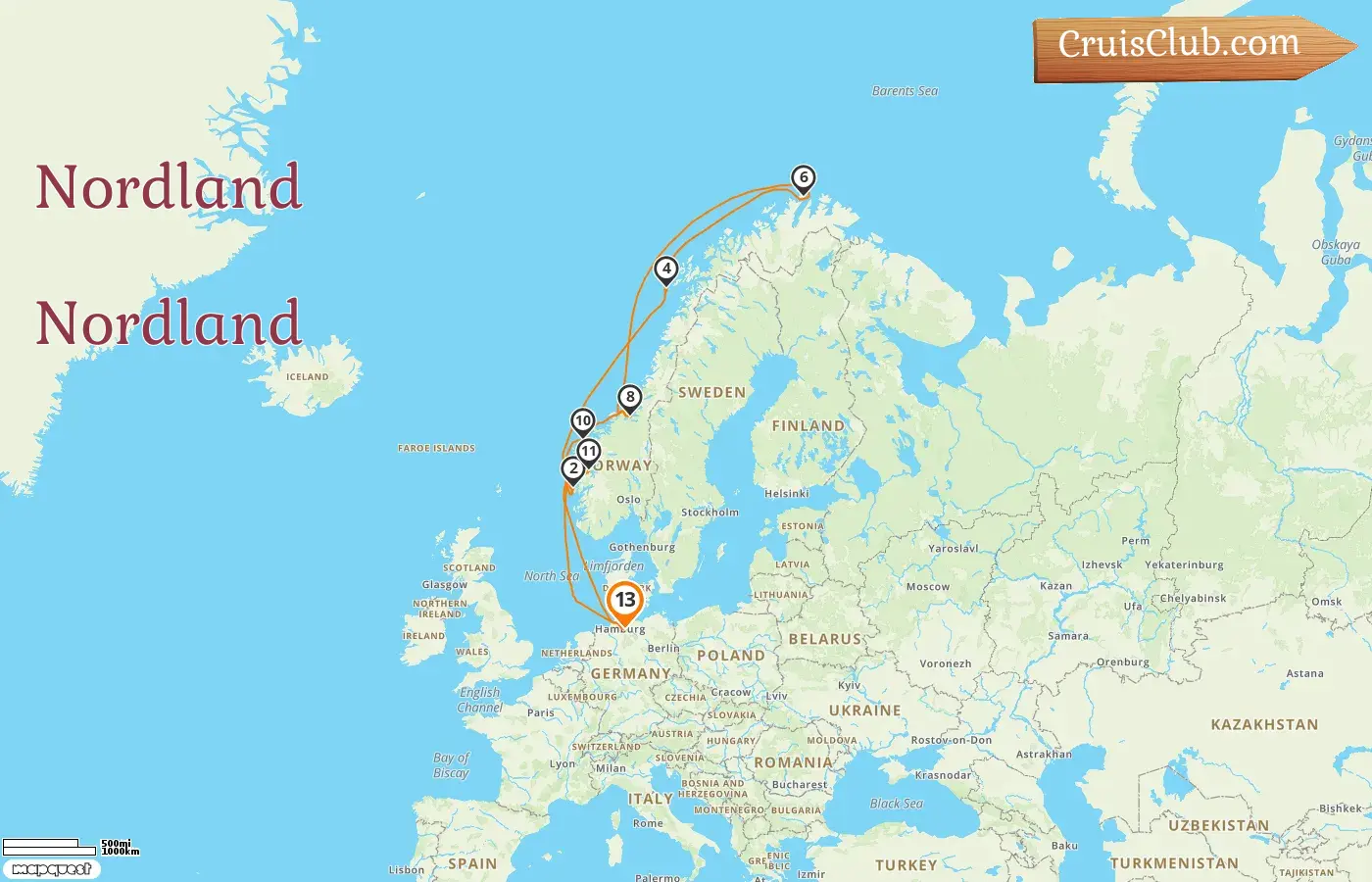 Cruzeiro no Norte a partir de Hamburgo a bordo do navio Costa Favolosa com visitas à Alemanha e Noruega por 13 dias