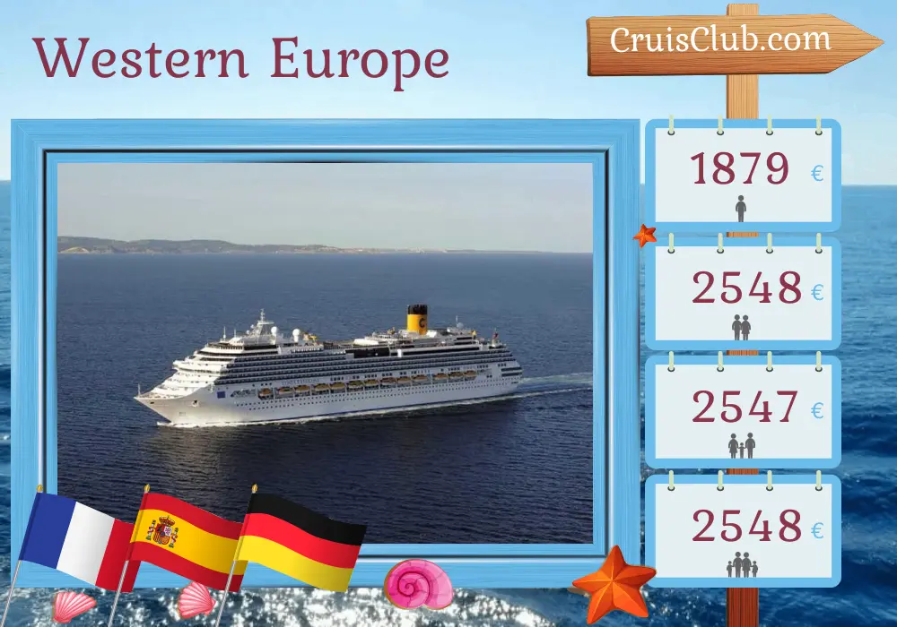Cruise in the Western Europe from Marseille to Hamburg aboard Costa Favolosa ship with visits to France, Spain, and Germany for 13 days