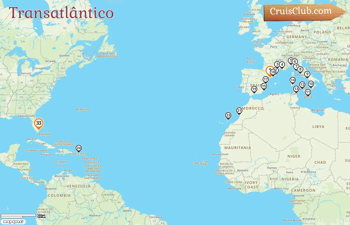 Cruzeiro no Transatlântico de Tarragona para Miami a bordo do navio Oceania Allura com visitas à Espanha, França, Itália, Malta, Tunísia, Marrocos, Porto Rico e EUA por 33 dias