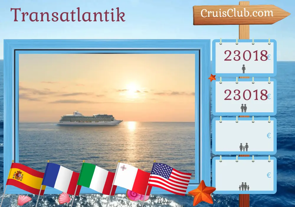Kreuzfahrt über den Atlantik von Tarragona nach Miami an Bord des Oceania Allura Schiffs mit Stopps in Spanien, Frankreich, Italien, Malta, Tunesien, Marokko, Puerto Rico und den USA für 33 Tage