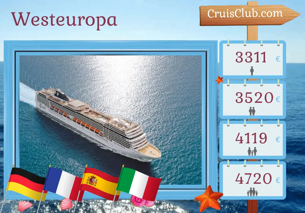 Kreuzfahrt im westeuropäischen Raum von Warnemünde nach Genua an Bord des Schiffes MSC Magnifica mit Stopps in Deutschland, Frankreich, Spanien und Italien für 13 Tage