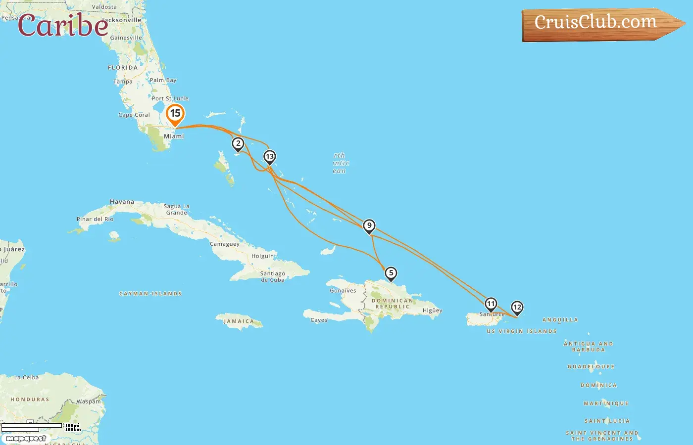 Cruzeiro no Caribe a partir de Fort Lauderdale a bordo do navio Eurodam com visitas aos EUA, Bahamas, República Dominicana e Porto Rico por 15 dias