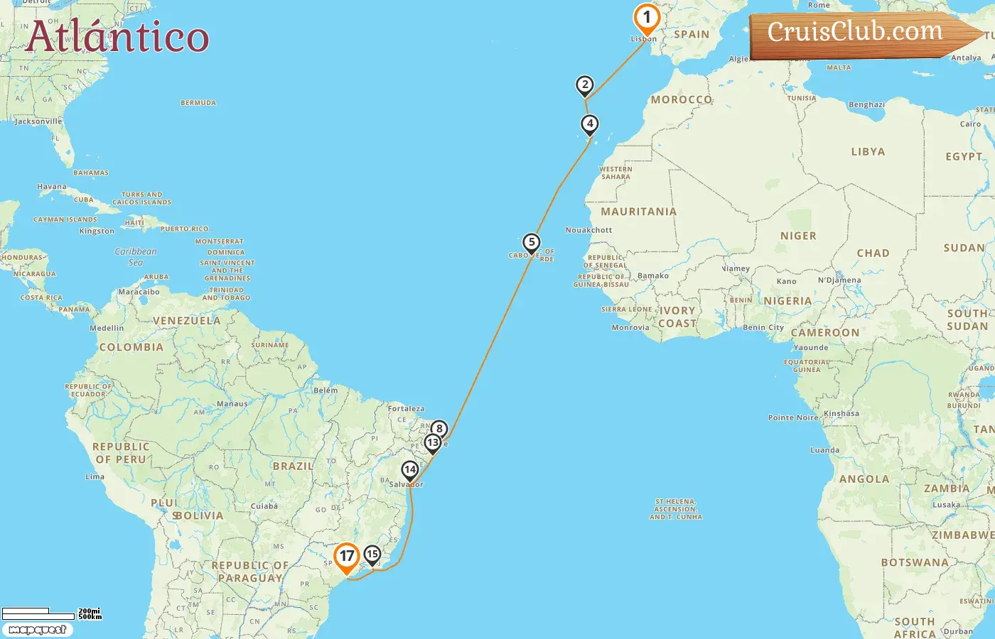 Crucero en el Transatlántico desde Lisboa a Santos a bordo del barco Costa Favolosa con visitas a España y Brasil durante 17 días