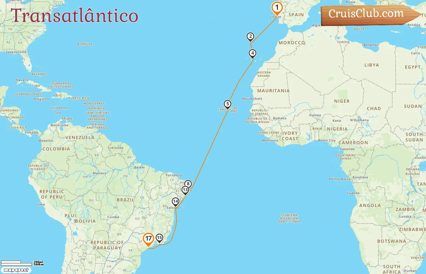 Cruzeiro no transatlântico de Lisboa para os Santos a bordo do navio Costa Favolosa com visitas à Espanha e ao Brasil por 17 dias