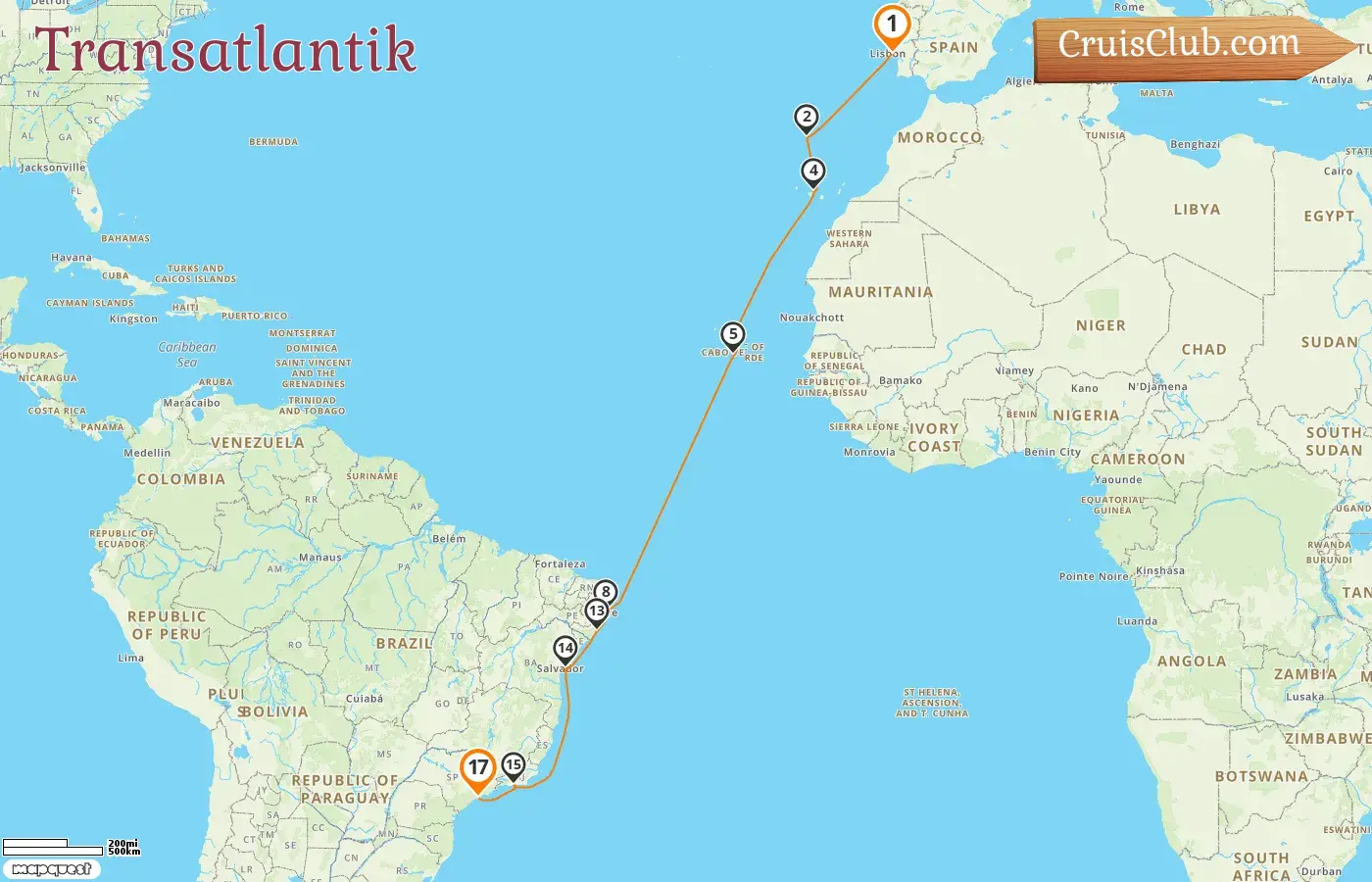 Kreuzfahrt im Transatlantik von Lissabon nach Saints an Bord des Schiffes Costa Favolosa mit Besuchen in Spanien und Brasilien für 17 Tage