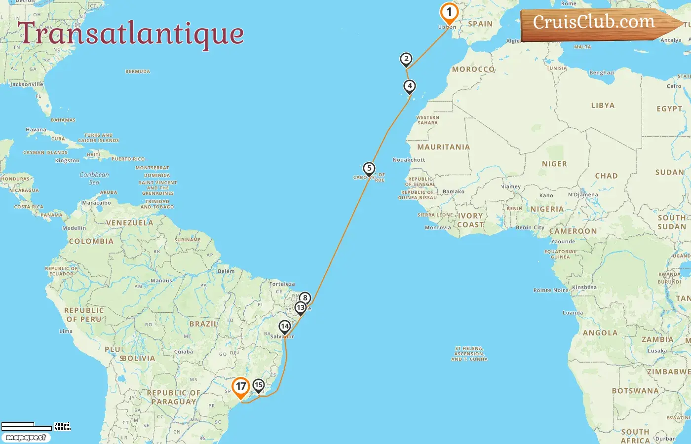 Croisière transatlantique de Lisbonne aux Açores à bord du navire Costa Favolosa avec visites en Espagne et au Brésil pendant 17 jours