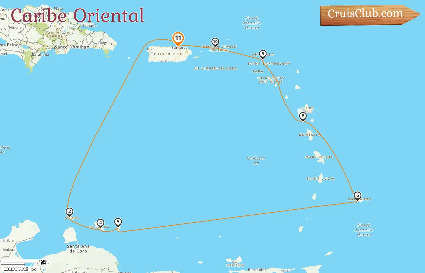 Cruzeiro no Caribe Oriental a partir de Saint John a bordo do navio EXPLORA I com visitas a Porto Rico, Aruba, Curaçao, Barbados, Guadalupe e Ilhas Virgens Britânicas por 11 dias