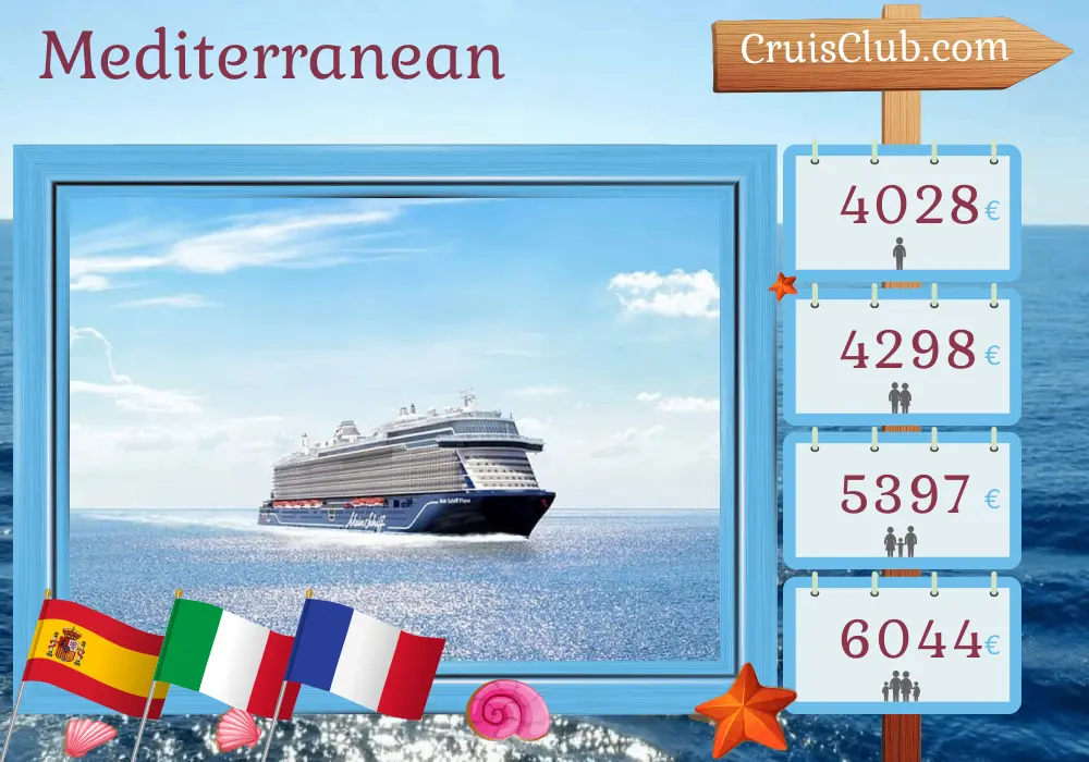 Cruise in the Mediterranean from Palma aboard Mein Schiff Flow ship with visits to Spain, Italy, and France for 11 days
