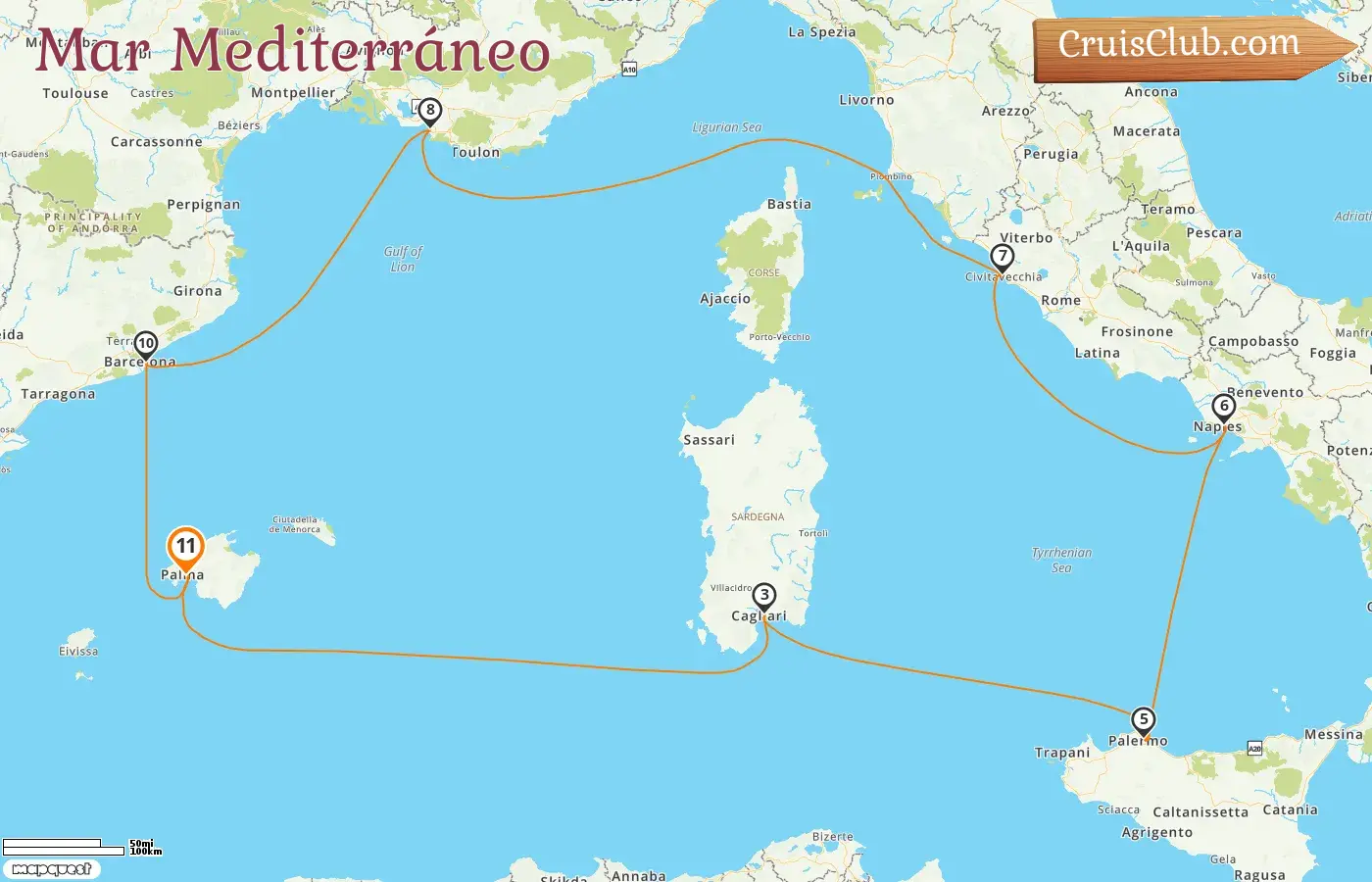 Crucero por el Mediterráneo desde Palma a bordo del barco Mein Schiff Flow con visitas a España, Italia y Francia durante 11 días