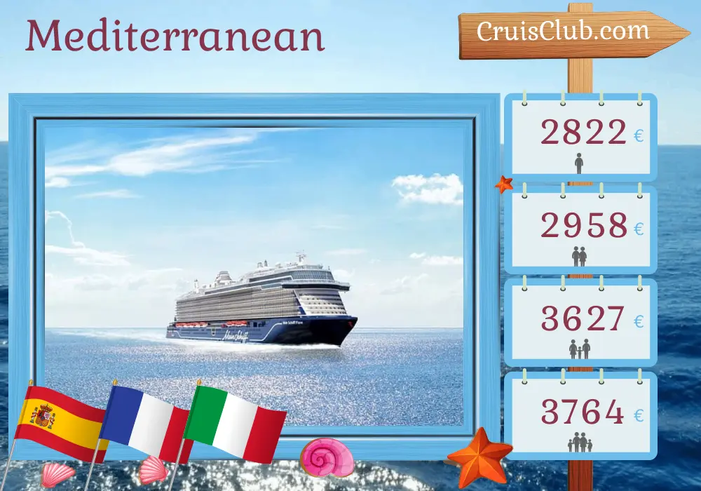 Cruise in the Mediterranean from Palma aboard Mein Schiff Flow ship with visits to Spain, France, and Italy for 10 days
