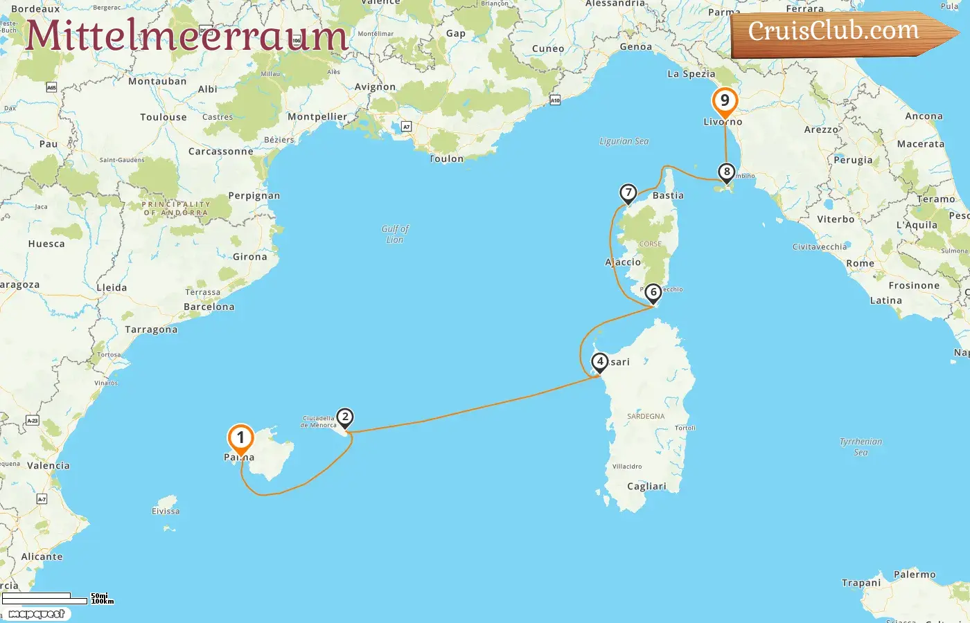Kreuzfahrt im Mittelmeer von Palma nach Livorno an Bord des Schiffes Sea Cloud II mit Stopps in Spanien, Italien und Frankreich für 9 Tage
