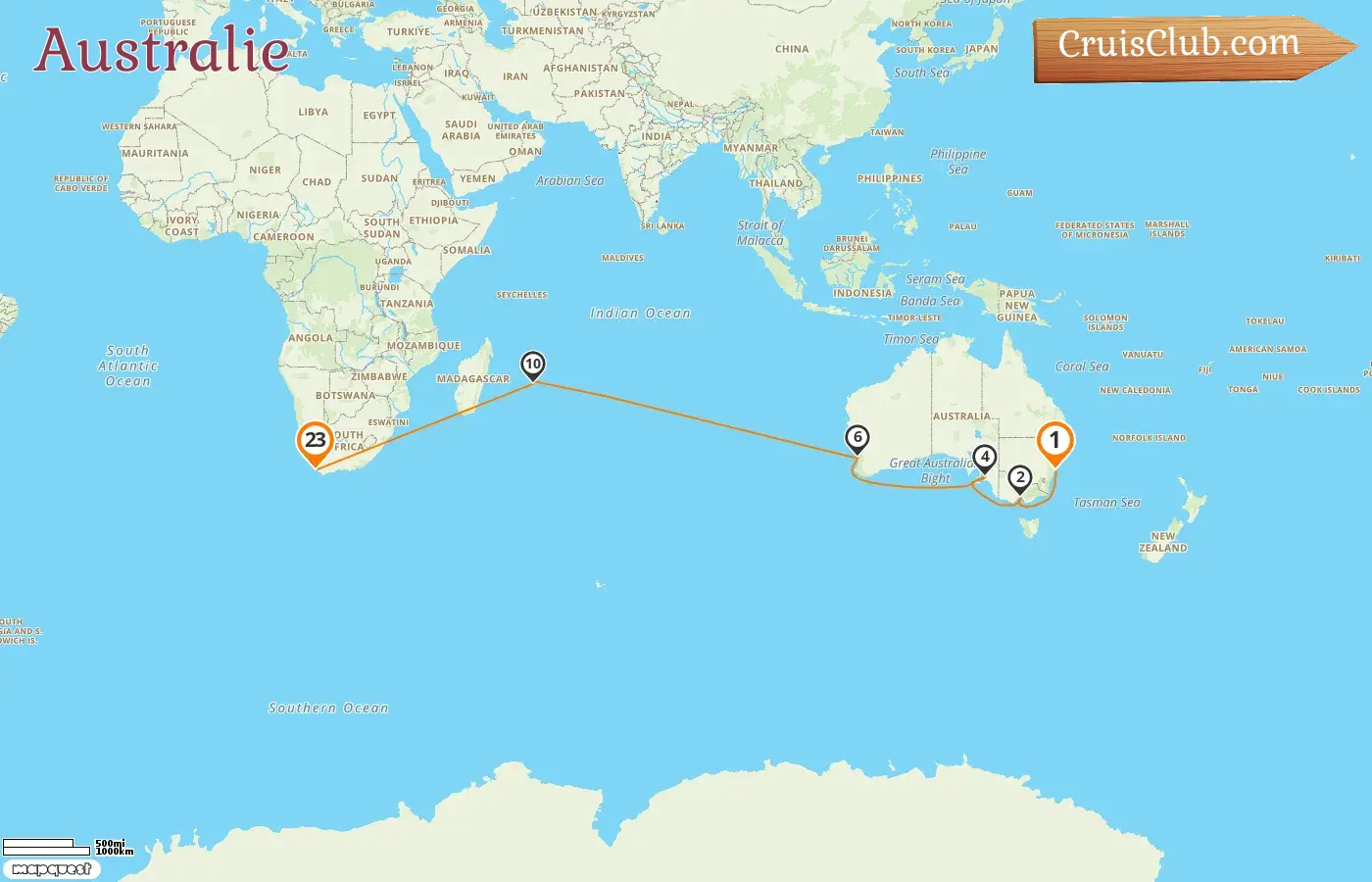 Croisière en Australie de Sydney au Cap à bord du navire Crown Princess avec des visites en Australie, à l`île Maurice et en Afrique du Sud pendant 23 jours