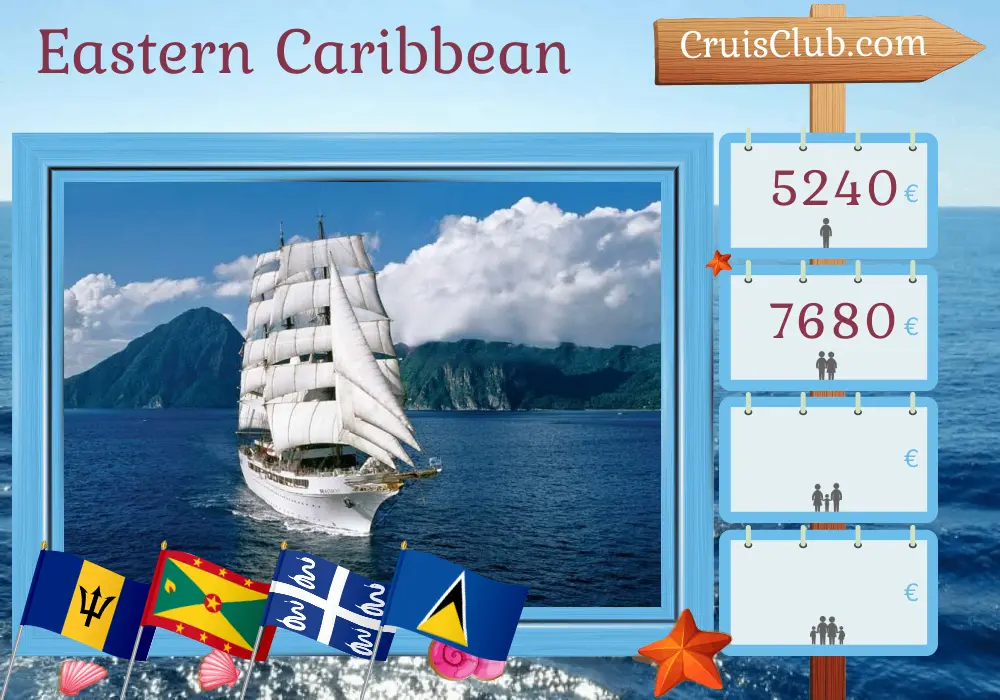 Cruise in the Eastern Caribbean from Bridgetown aboard Sea Cloud II ship with visits to Barbados, Saint Vincent and the Grenadines, Grenada, Martinique, and Saint Lucia for 8 days