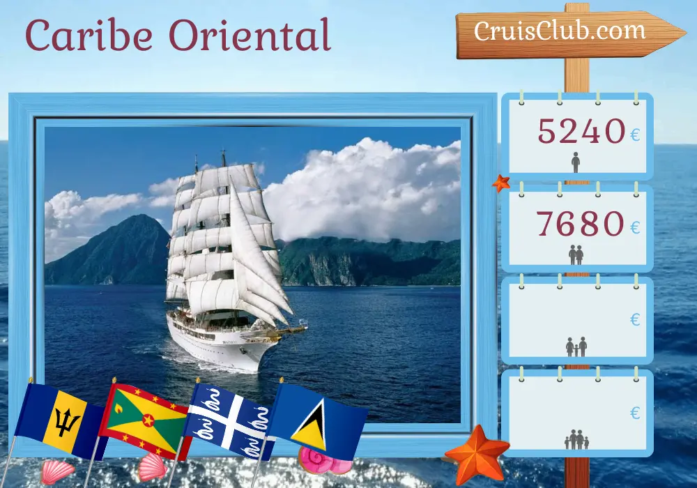 Cruzeiro no Caribe Oriental saindo de Bridgetown a bordo do navio Sea Cloud II com visitas a Barbados, São Vicente e Granadinas, Granada, Martinica e Santa Lúcia por 8 dias