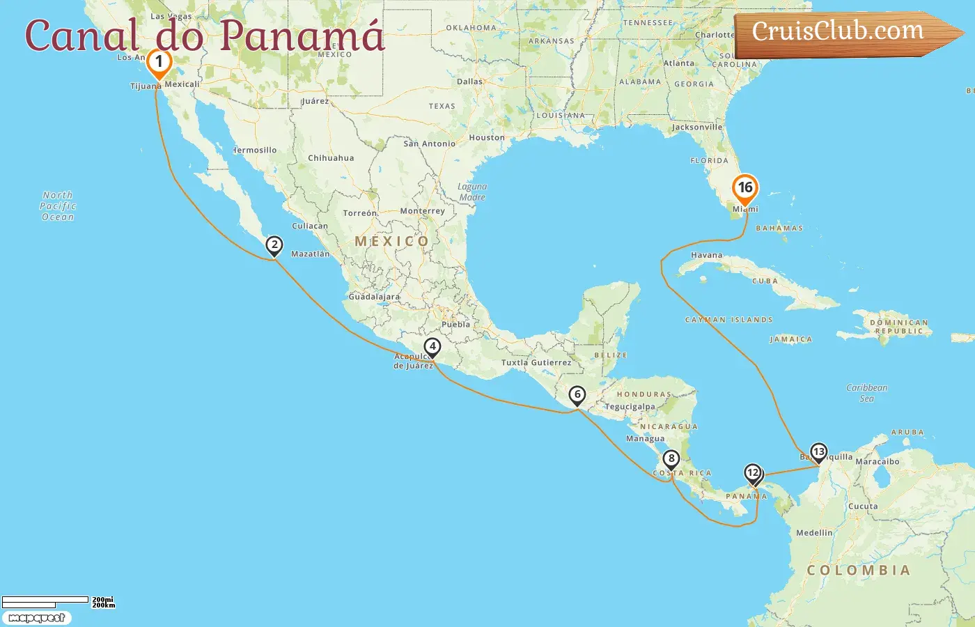 Cruzeiro no Canal do Panamá de San Diego para Miami a bordo do navio Norwegian Jade com visitas aos Estados Unidos, México, Guatemala, Costa Rica, Panamá e Colômbia por 16 dias