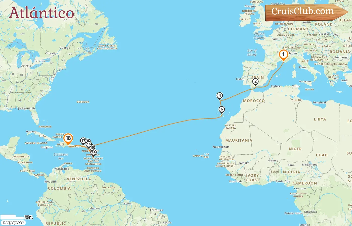 Crucero en el Transatlántico de Marsella a Santo Domingo a bordo del barco Costa Fascinosa con visitas a Francia, España y Guadalupe durante 18 días