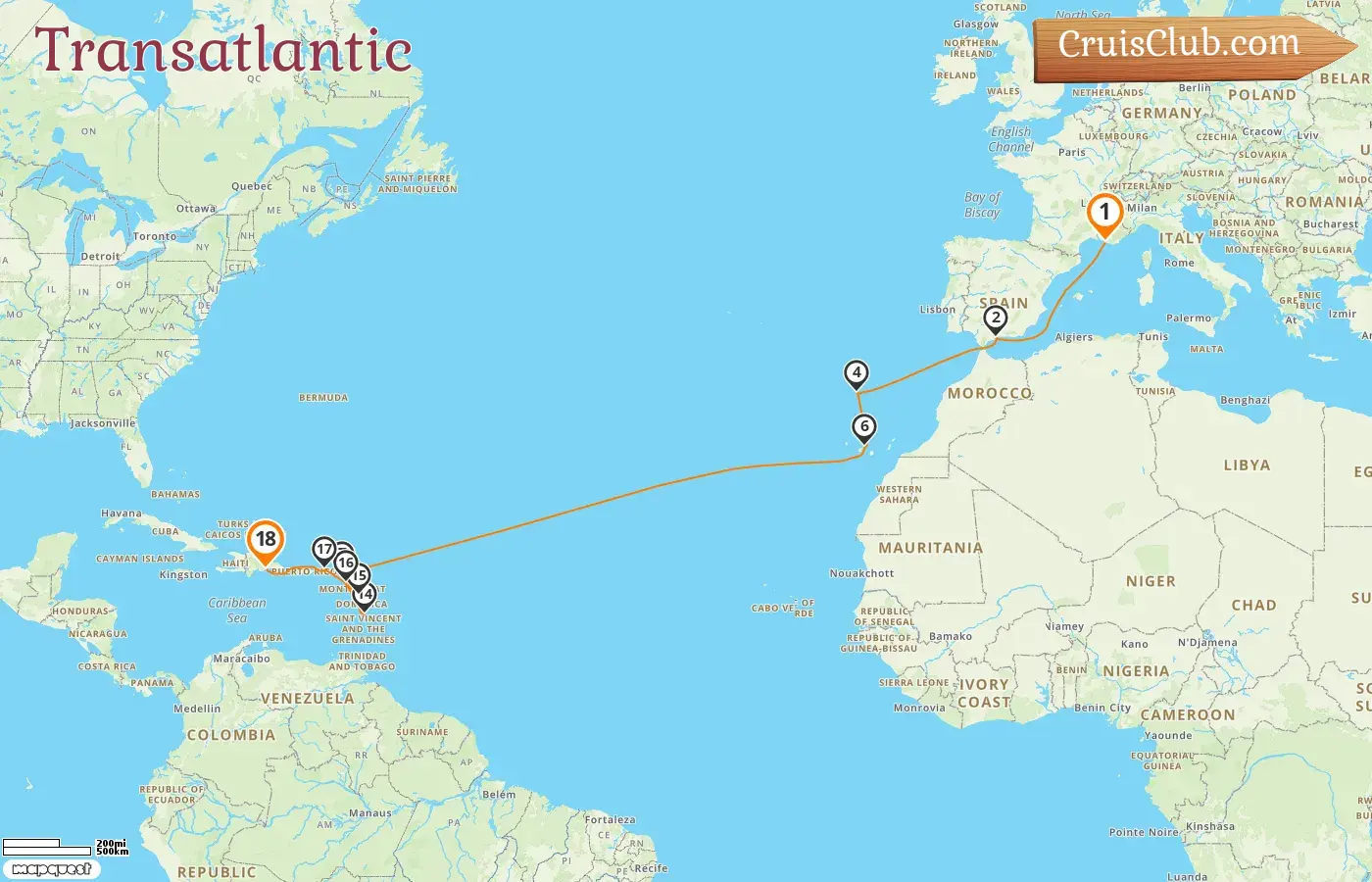 Cruise in the Transatlantic from Marseille to Saint Dominic aboard Costa Fascinosa ship with visits to France, Spain, and Guadeloupe for 18 days