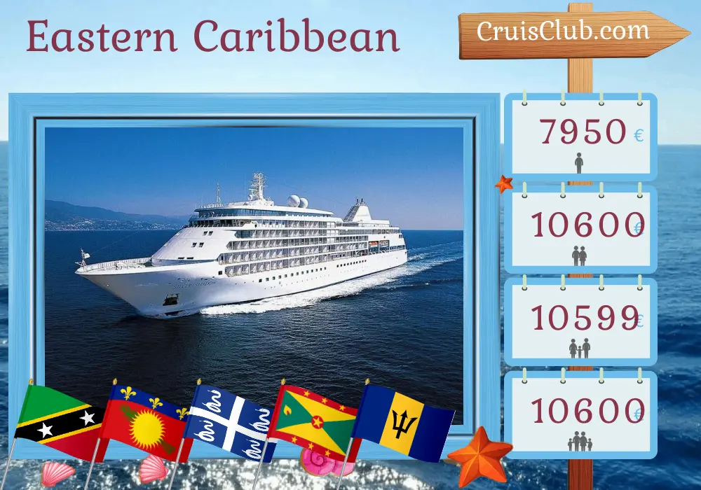 Cruise in the Eastern Caribbean from Saint John to Bridgetown aboard Silver Shadow ship with visits to Puerto Rico, British Virgin Islands, Saint Barthélemy, Saint Kitts and Nevis, Montserrat, Guadeloupe, Martinique, Grenada, and Barbados for 11 days