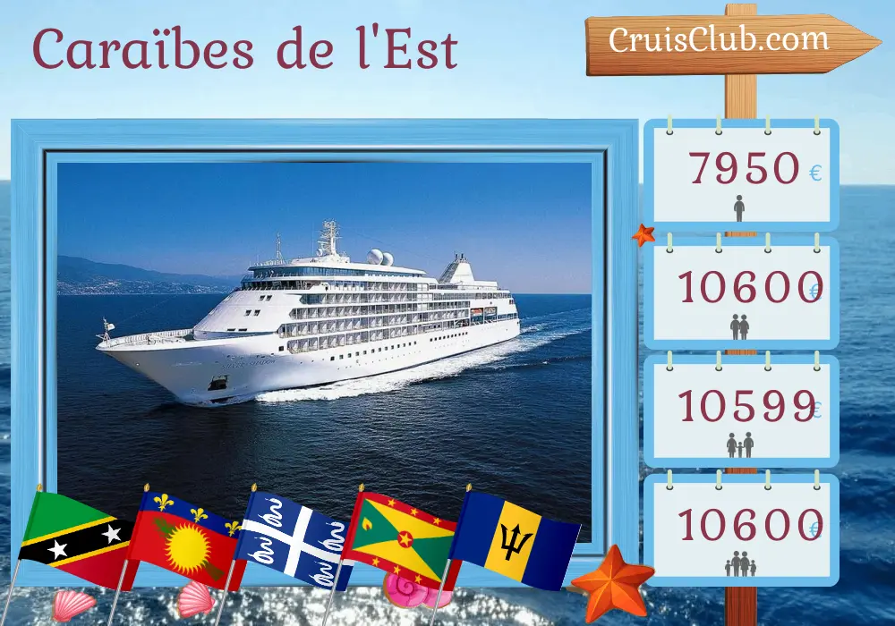 Croisière dans les Caraïbes de l`Est de Saint John à Bridgetown à bord du navire Silver Shadow avec des arrêts à Porto Rico, aux îles Vierges britanniques, à Saint-Barthélemy, à Saint-Kitts-et-Nevis, à Montserrat, à la Guadeloupe, en Martinique, à la Grenade et à la Barbade pendant 11 jours
