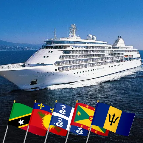 Cruise in the Eastern Caribbean from Saint John to Bridgetown aboard Silver Shadow ship with visits to Puerto Rico, British Virgin Islands, Saint Barthélemy, Saint Kitts and Nevis, Montserrat, Guadeloupe, Martinique, Grenada, and Barbados for 11 days