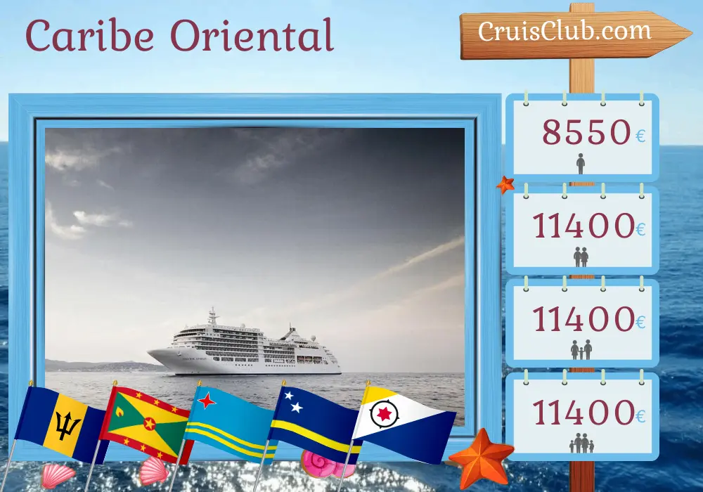 Cruzeiro no Caribe Oriental a partir de Bridgetown a bordo do navio Silver Spirit, com visitas a Barbados, São Vicente e Granadinas, Granada, Aruba e Curaçao por 11 dias