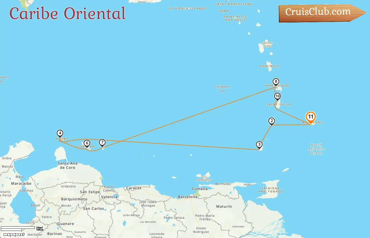 Cruzeiro no Caribe Oriental a partir de Bridgetown a bordo do navio Silver Spirit, com visitas a Barbados, São Vicente e Granadinas, Granada, Aruba e Curaçao por 11 dias