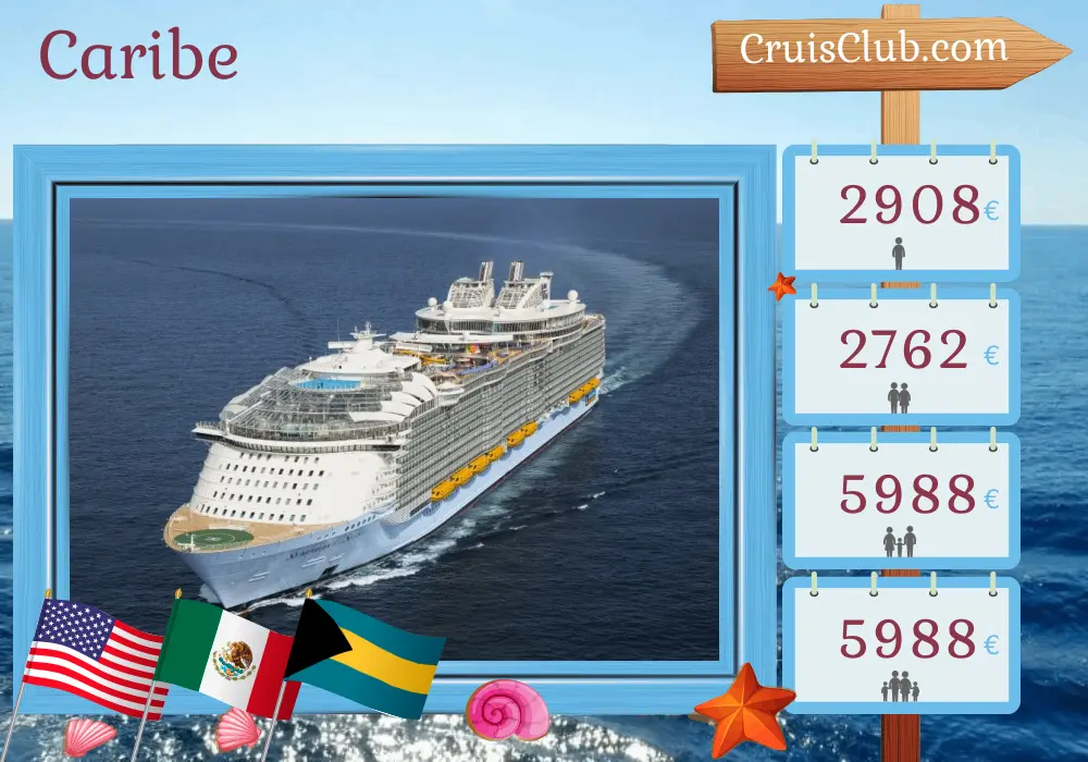 Cruzeiro no Caribe a partir de Galveston a bordo do navio Symphony of the Seas com visitas aos Estados Unidos, México e Bahamas por 9 dias