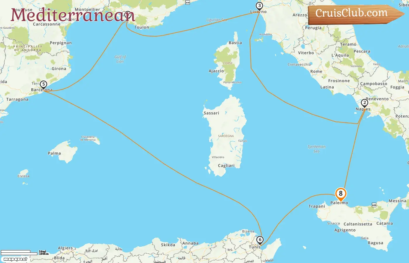 Cruise in the Mediterranean from Palermo aboard MSC Meraviglia ship with visits to Italy, France, Spain, and Tunisia for 8 days