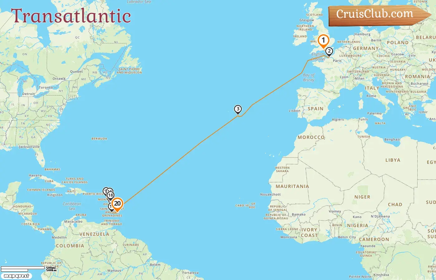 Cruise in the Transatlantic from Southampton to Bridgetown aboard MSC Virtuosa ship with visits to France, Portugal, Barbados, Guadeloupe, and Saint Vincent and the Grenadines for 20 days