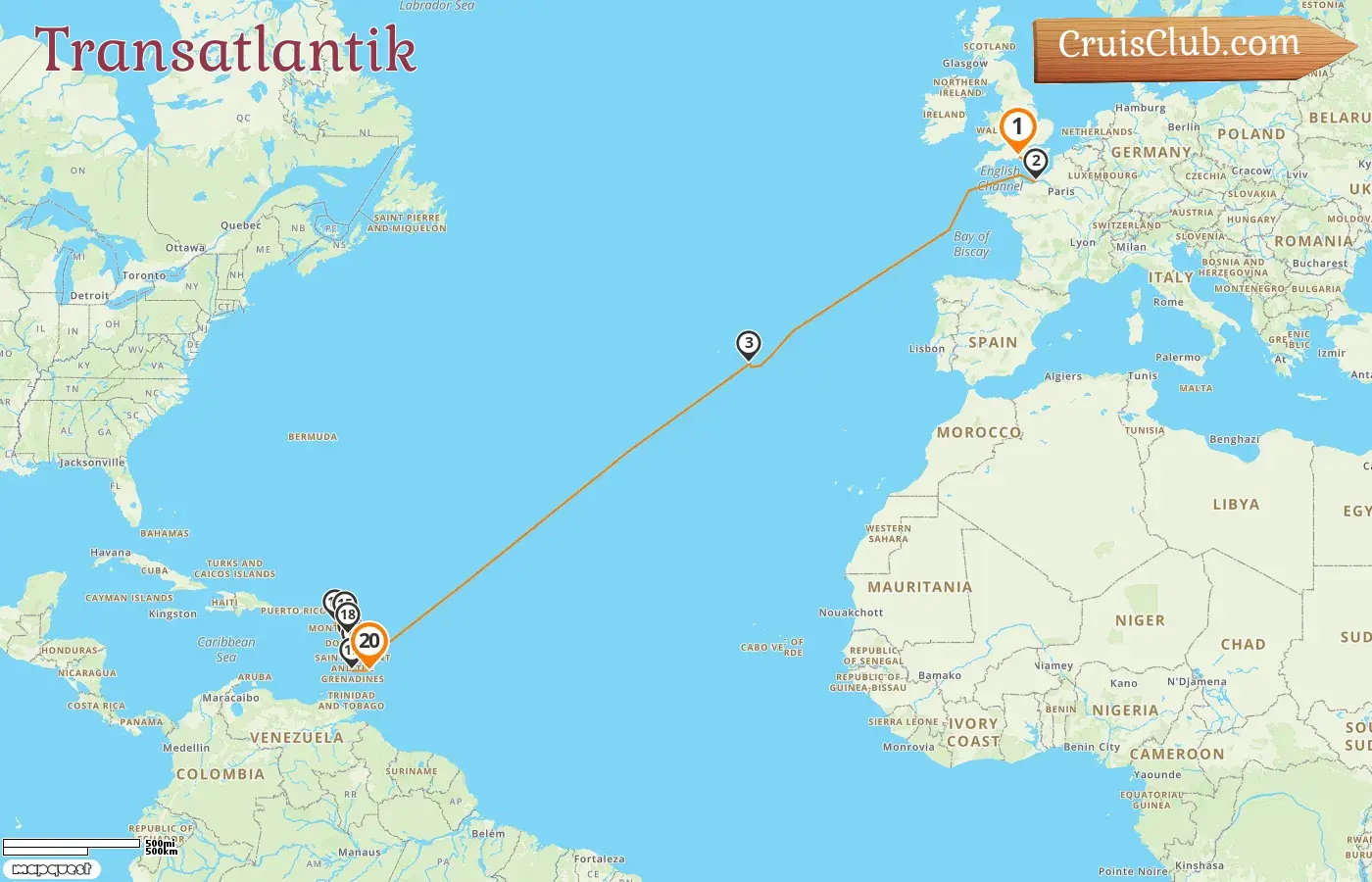 Kreuzfahrt über den Atlantik von Southampton nach Bridgetown an Bord des Schiffes MSC Virtuosa mit Besuchen in Frankreich, Portugal, Barbados, Guadeloupe und St. Vincent und die Grenadinen für 20 Tage
