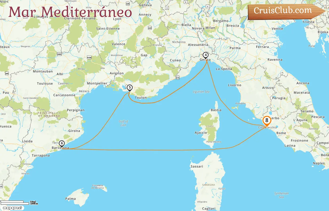 Crucero por el Mediterráneo desde Civitavecchia a bordo del barco MSC Magnifica con visitas a Italia, Francia y España durante 8 días