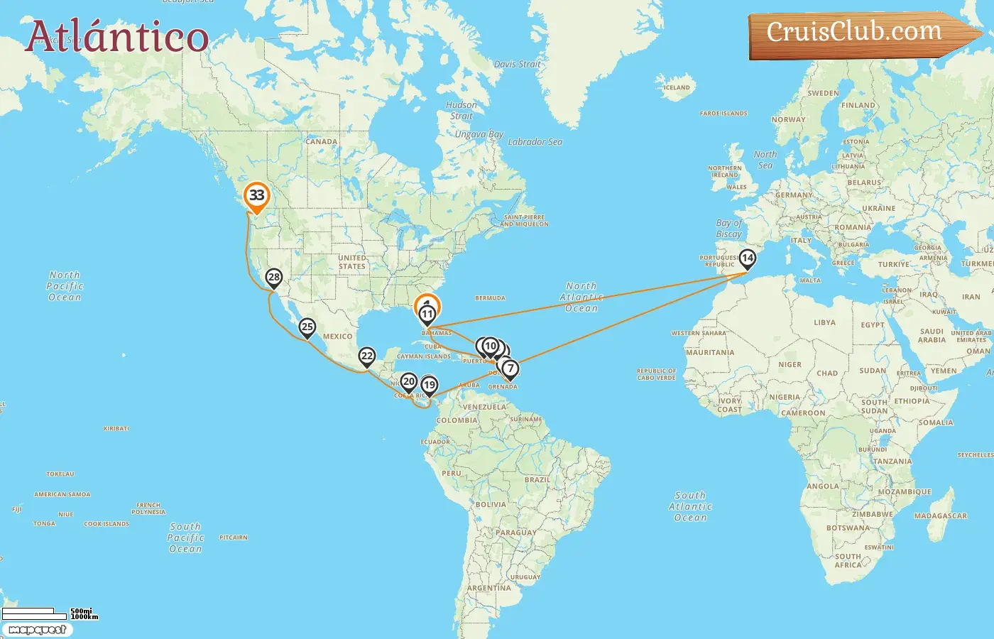 Crucero en el Transatlántico de Miami a Seattle a bordo del Queen Elizabeth con visitas a EE. UU., Puerto Rico, Barbados, España, Panamá, Costa Rica y México por 33 días