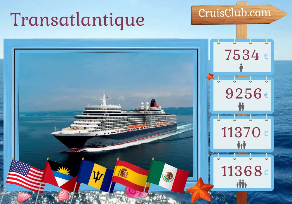 Croisière transatlantique de Miami à Seattle à bord du Queen Elizabeth avec des visites aux États-Unis, à Porto Rico, à la Barbade, en Espagne, au Panama, au Costa Rica et au Mexique pendant 33 jours