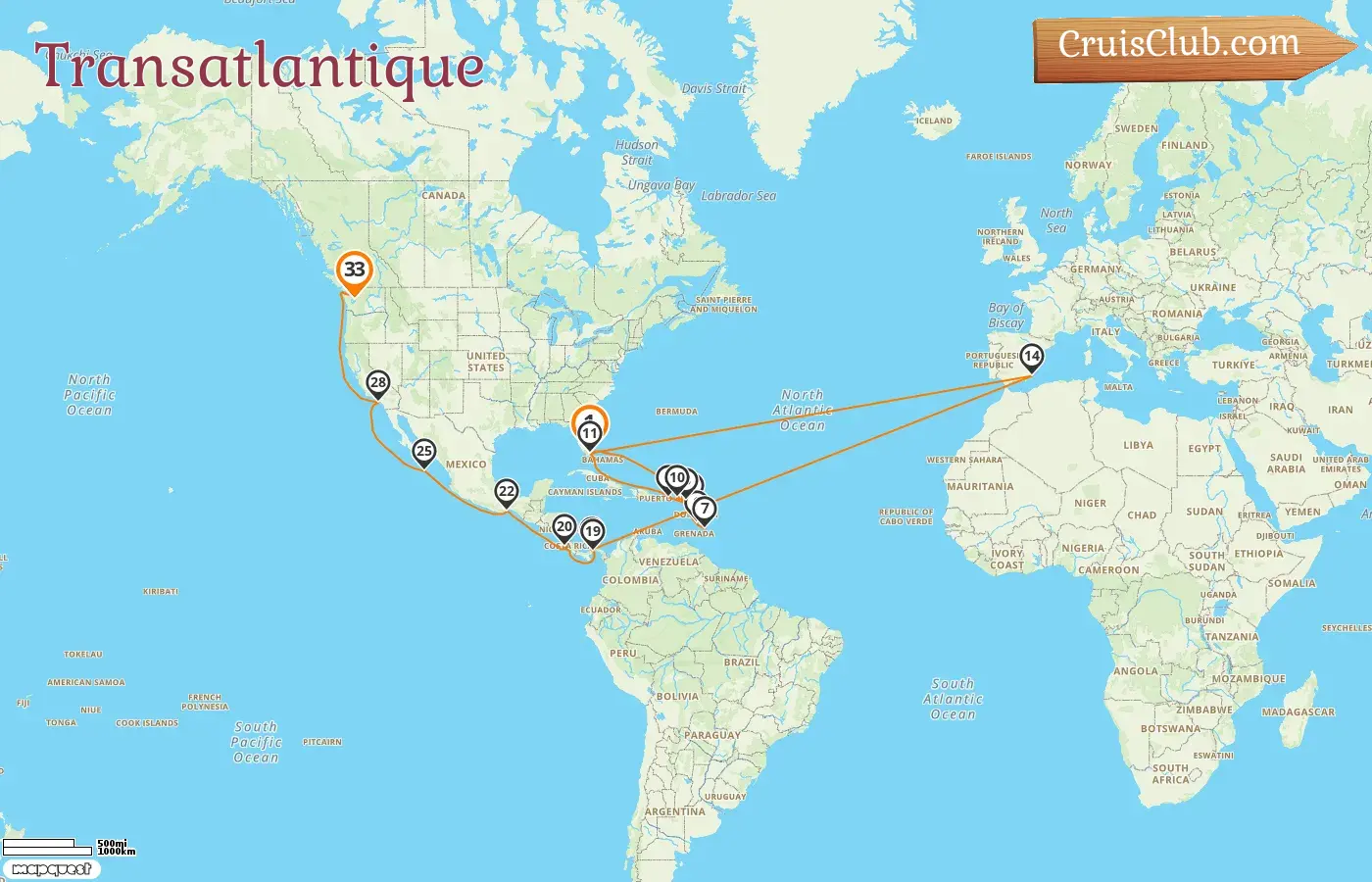 Croisière transatlantique de Miami à Seattle à bord du Queen Elizabeth avec des visites aux États-Unis, à Porto Rico, à la Barbade, en Espagne, au Panama, au Costa Rica et au Mexique pendant 33 jours