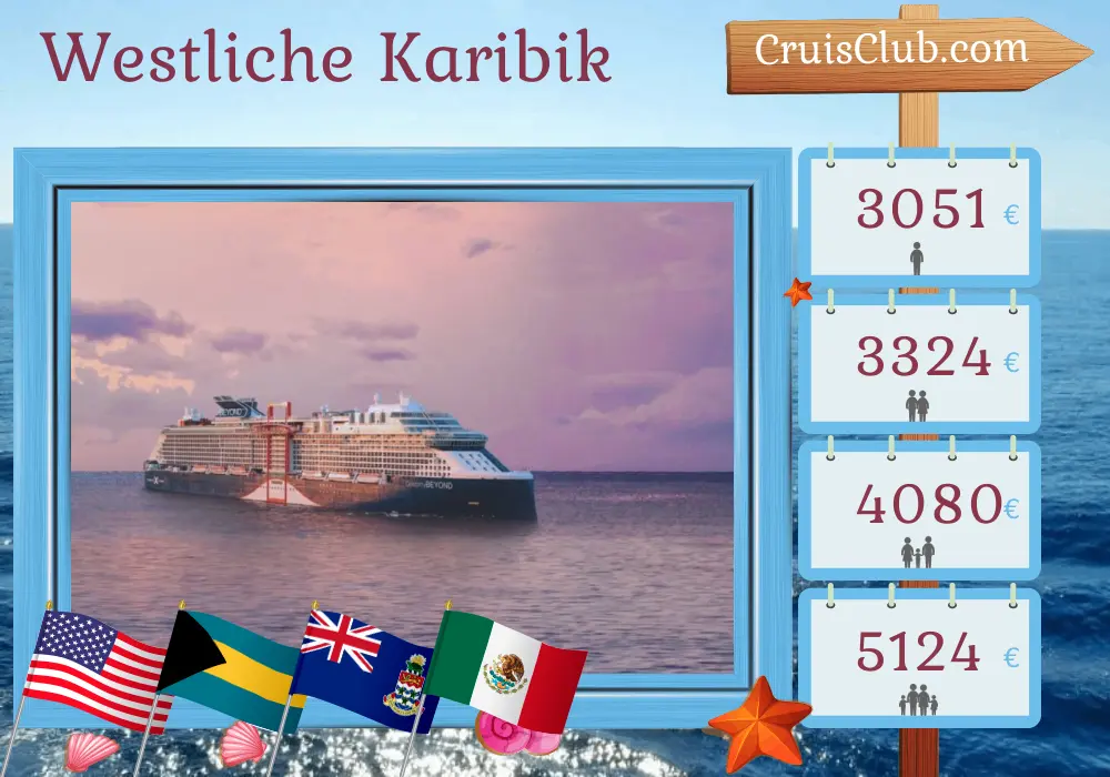 Kreuzfahrt in der westlichen Karibik ab Fort Lauderdale an Bord des Celebrity Beyond-Schiffs mit Besuchen in den USA, den Bahamas, den Kaimaninseln und Mexiko für 8 Tage