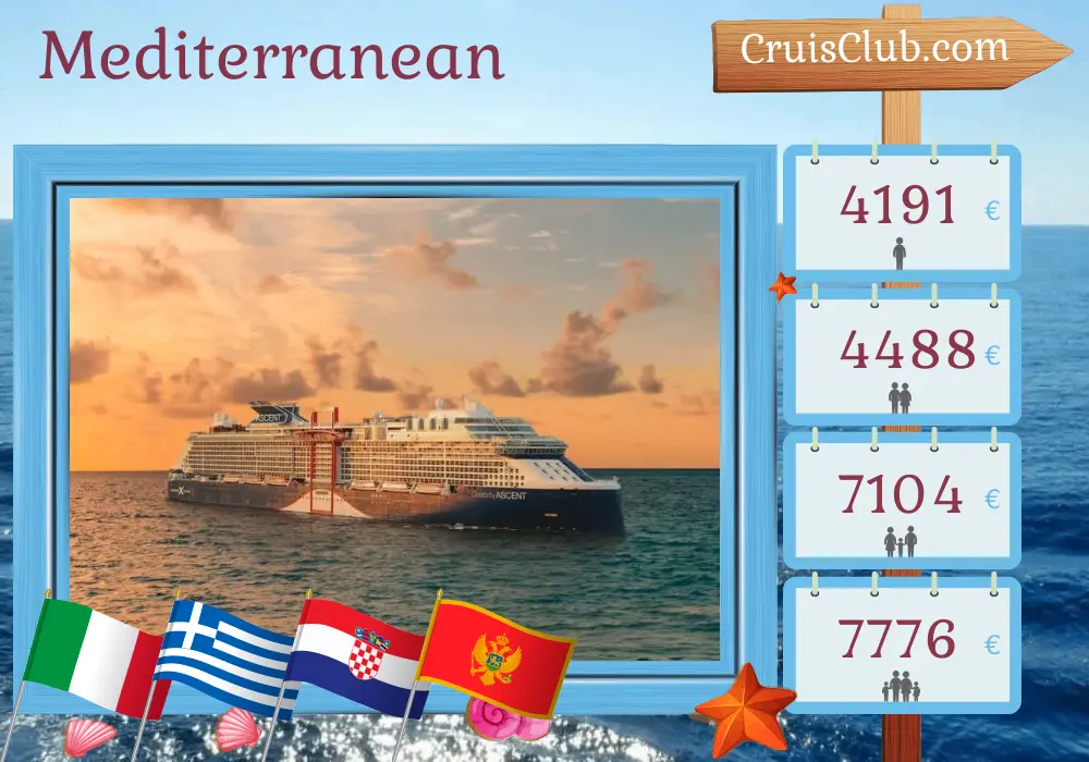 Cruise in the Mediterranean from Civitavecchia aboard Celebrity Ascent ship with visits to Italy, Greece, Croatia, and Montenegro for 11 days