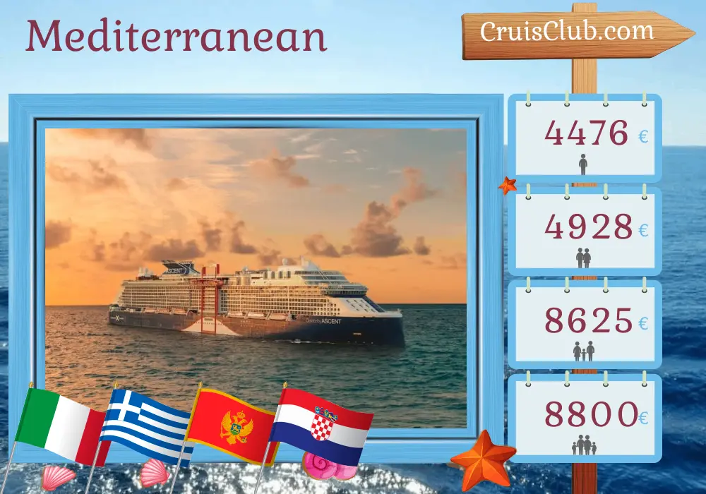 Cruise in the Mediterranean from Civitavecchia aboard Celebrity Ascent ship with visits to Italy, Greece, Montenegro, and Croatia for 11 days