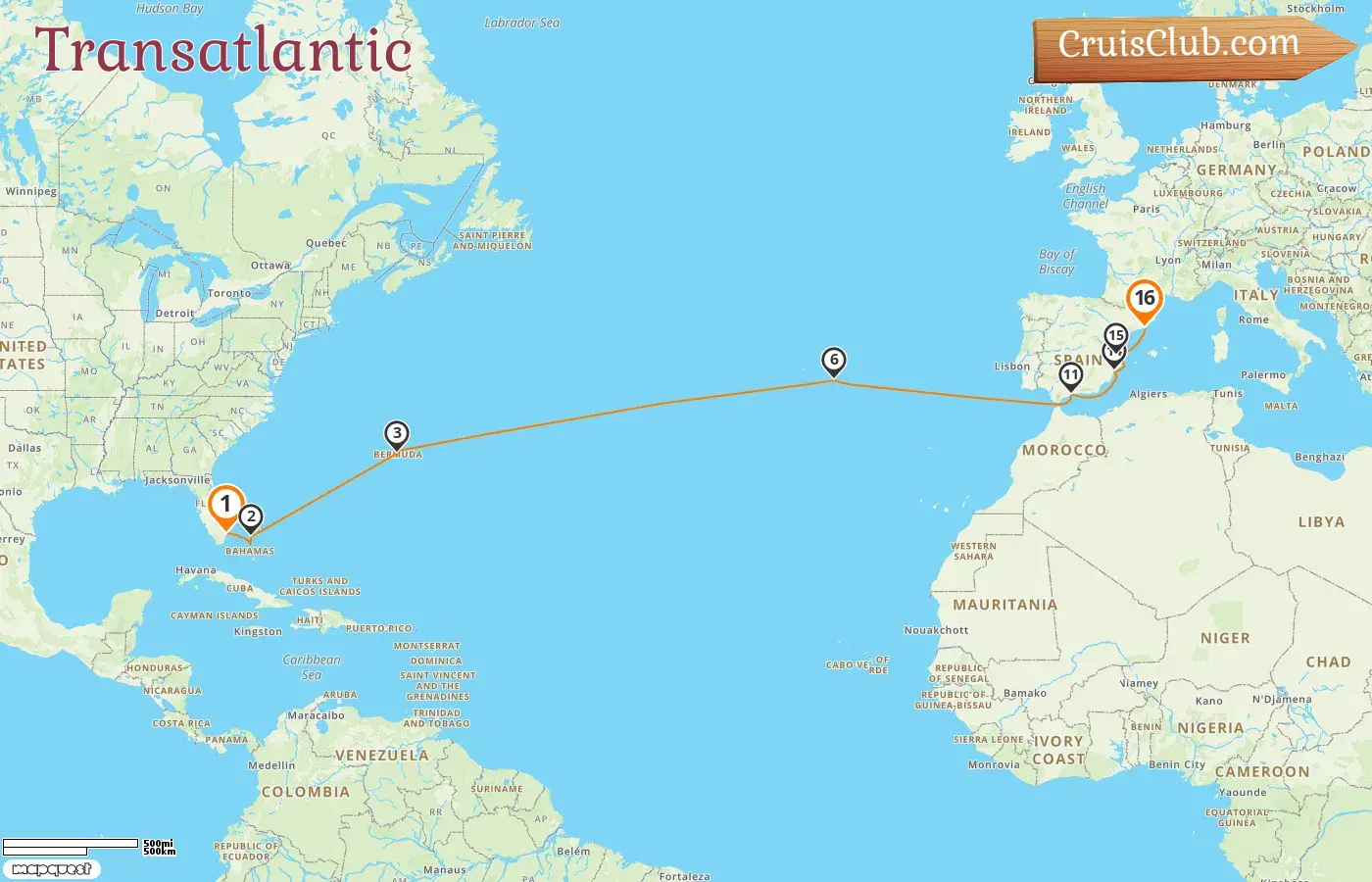 Cruise in the Transatlantic from Fort Lauderdale to Barcelona aboard Brilliance of the Seas ship with visits to USA, Bahamas, Bermuda, Portugal, and Spain for 16 days