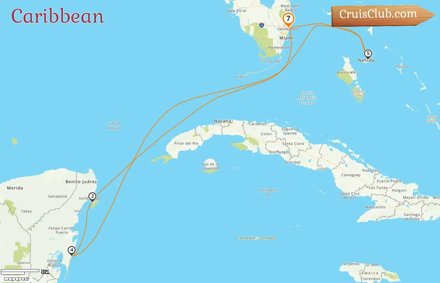 Cruise in the Caribbean from Fort Lauderdale aboard Adventure of the Seas ship with visits to USA, Mexico, and Bahamas for 7 days