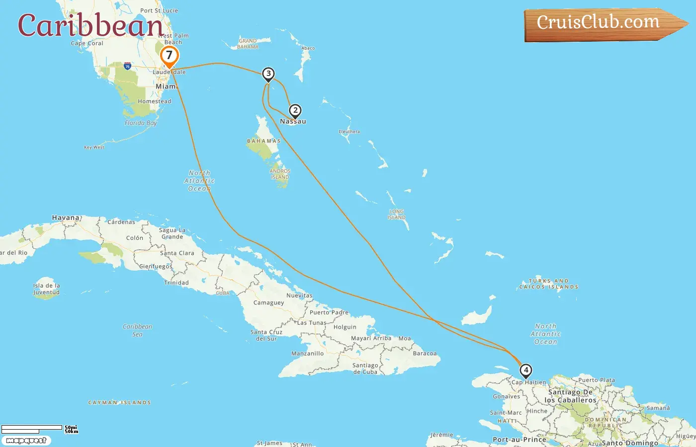 Cruise in the Caribbean from Fort Lauderdale aboard Adventure of the Seas ship with visits to USA, Bahamas, and Haiti for 7 days