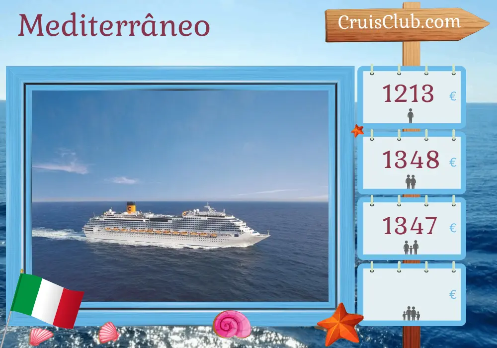 Cruzeiro no Mediterrâneo saindo de Palermo a bordo do navio Costa Fascinosa com visitas à Itália e Tunísia por 5 dias
