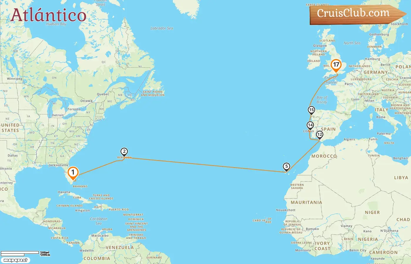 Crucero en el Transatlántico desde Fort Lauderdale a Southampton a bordo del barco Liberty of the Seas con visitas a EE. UU., Bermudas y España durante 17 días