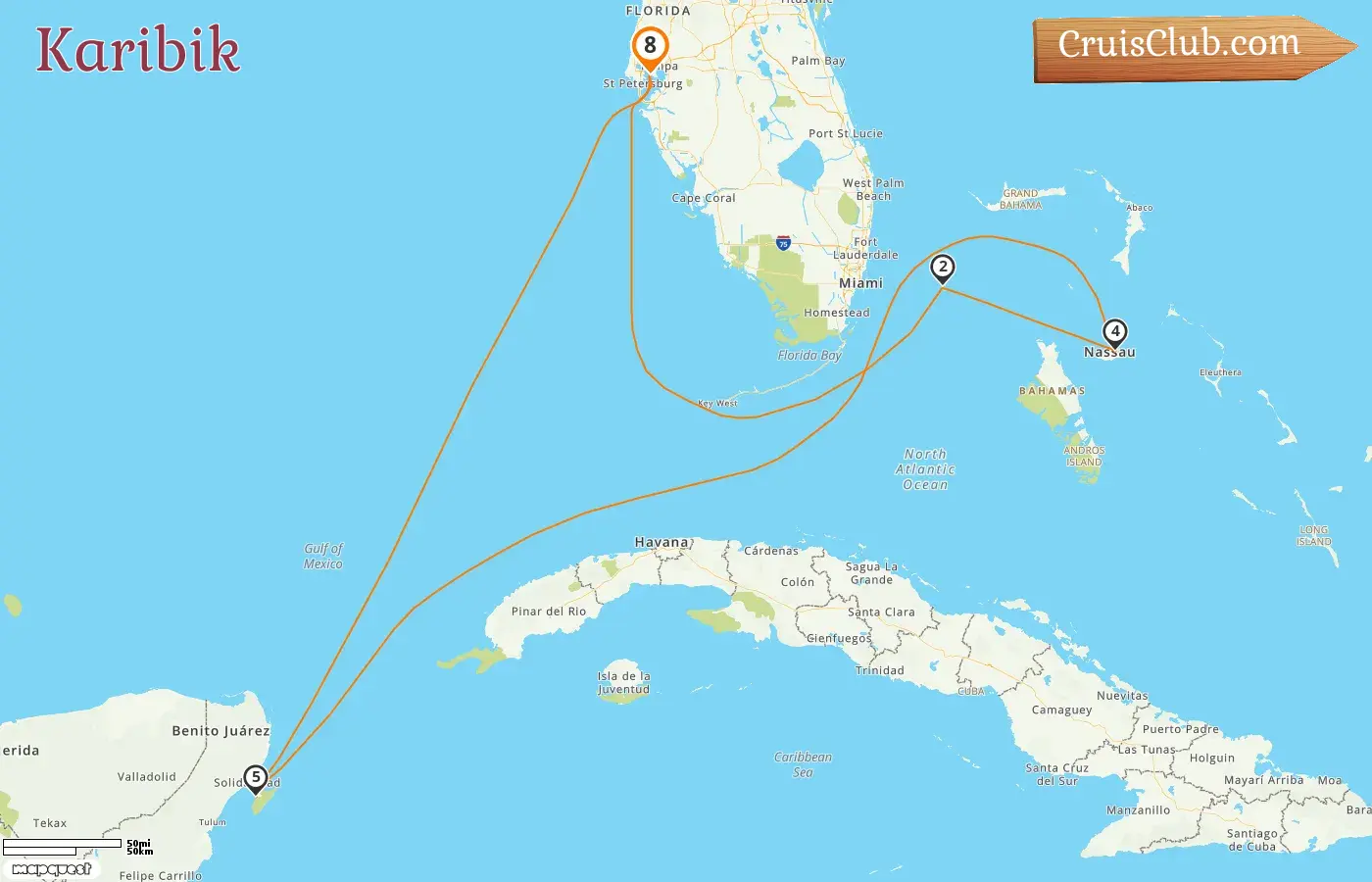 Kreuzfahrt in der Karibik ab Tampa an Bord des Schiffes Celebrity Summit mit Besuchen in den USA, den Bahamas und Mexiko für 8 Tage