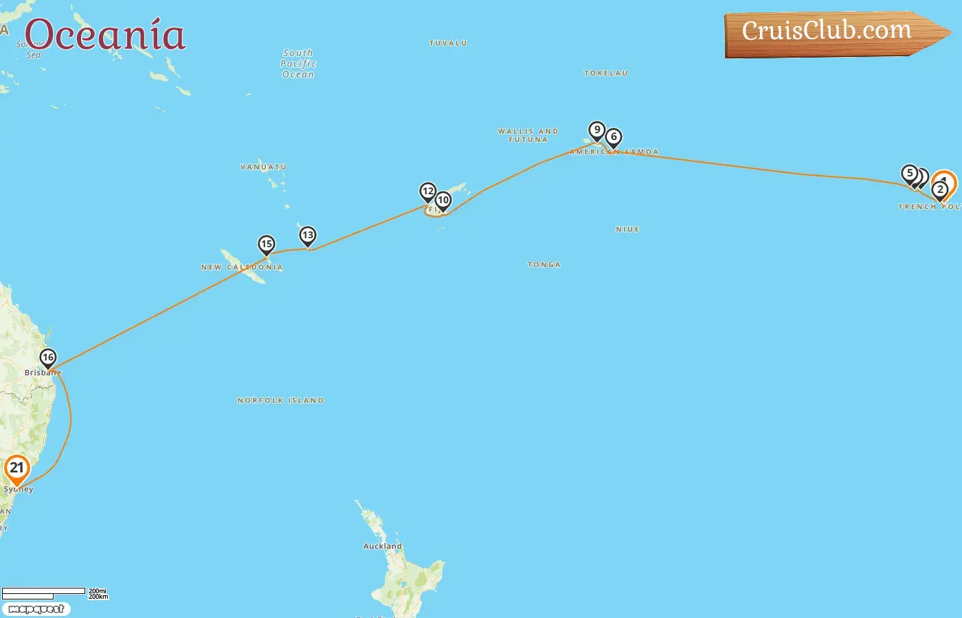 Crucero en el Pacífico Sur de Papeete a Sídney a bordo del barco Seven Seas Splendor con visitas a Polinesia Francesa, Samoa, Fiji, Vanuatu, Nueva Caledonia y Australia durante 21 días