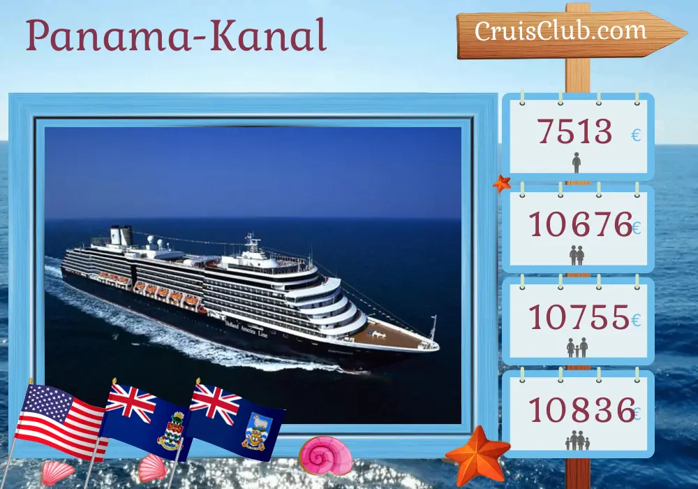 Kreuzfahrt im Panamakanal von Fort Lauderdale nach Buenos Aires an Bord des Schiffes Oosterdam mit Stopps in den USA, den Kaimaninseln, Panama, Ecuador, Peru, Chile, Argentinien, den Falklandinseln und Uruguay für 32 Tage